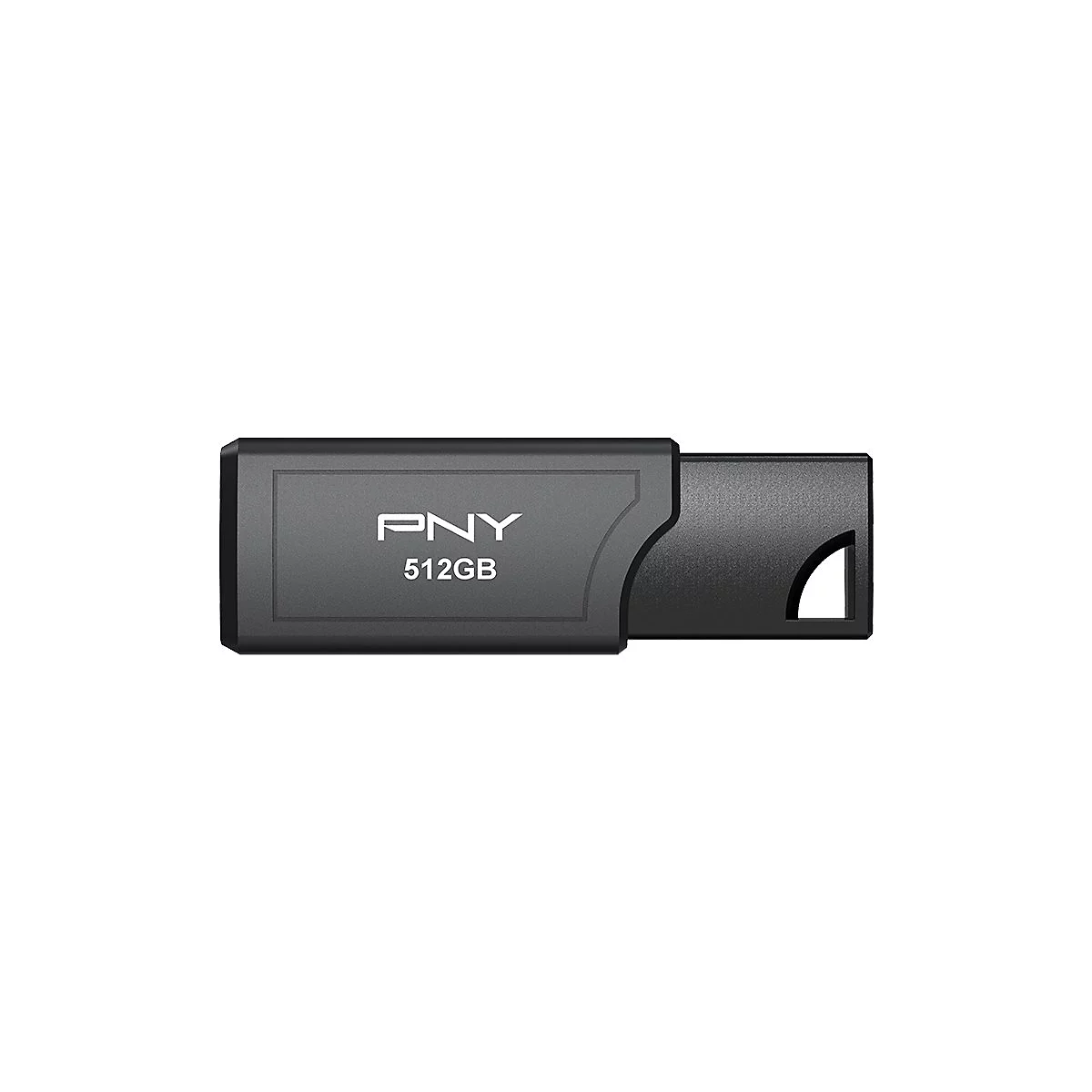 Schwarzer USB-Stick mit weißer Schrift. Aufschrift: PNY 512GB.
