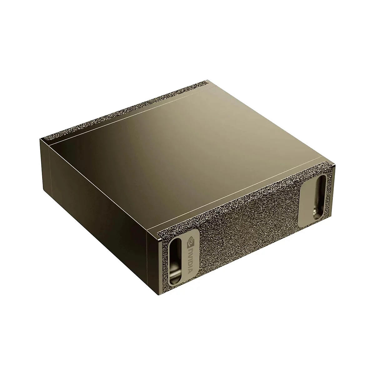 Ein rechteckiger, metallfarbener Kasten, vermutlich ein Computerbauteil, mit rauer Oberfläche an den Seiten und glatter Oberfläche oben. Das Nvidia-Logo ist auf der Seite sichtbar.