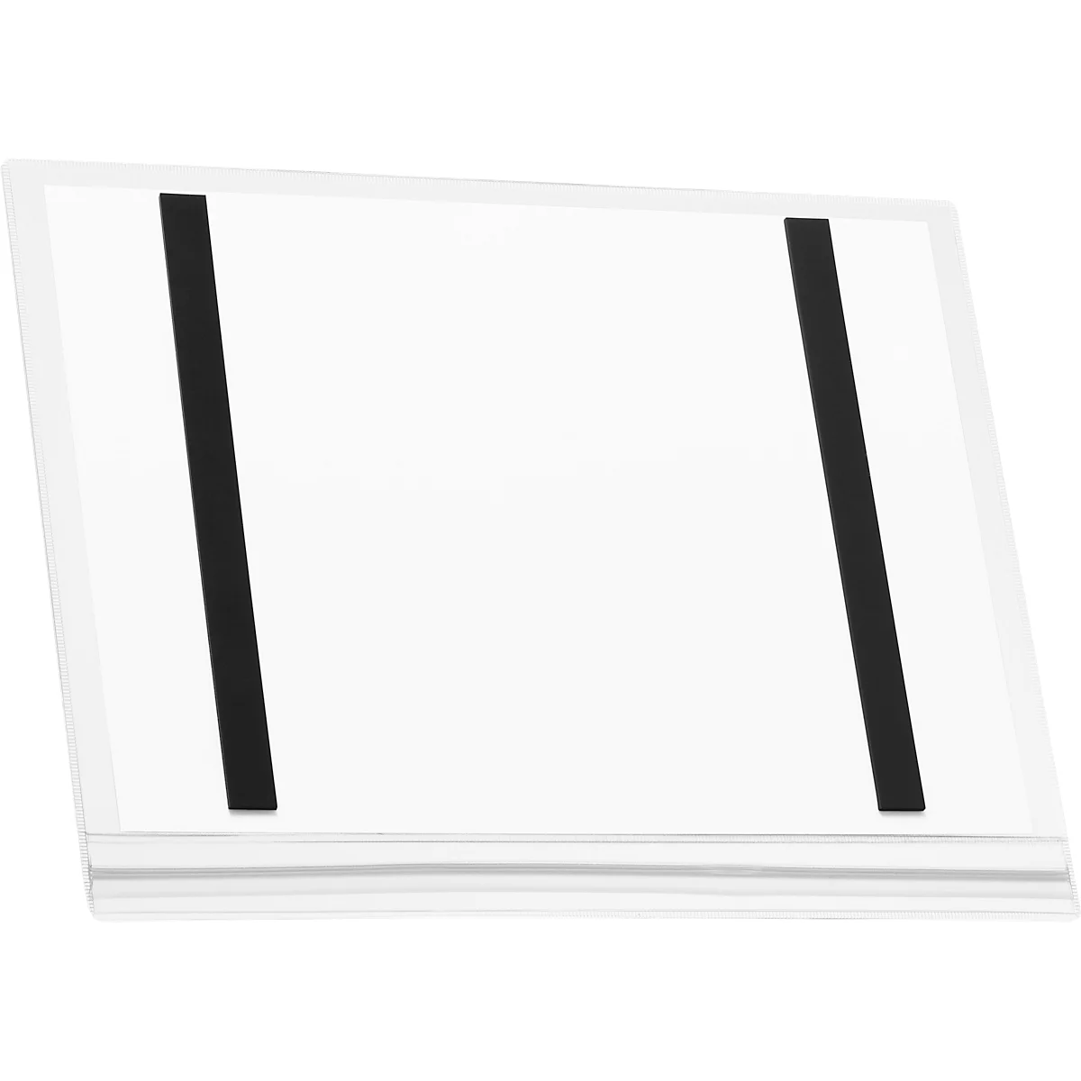 Plaque acrylique transparente et inclinée avec deux bandes verticales noires.