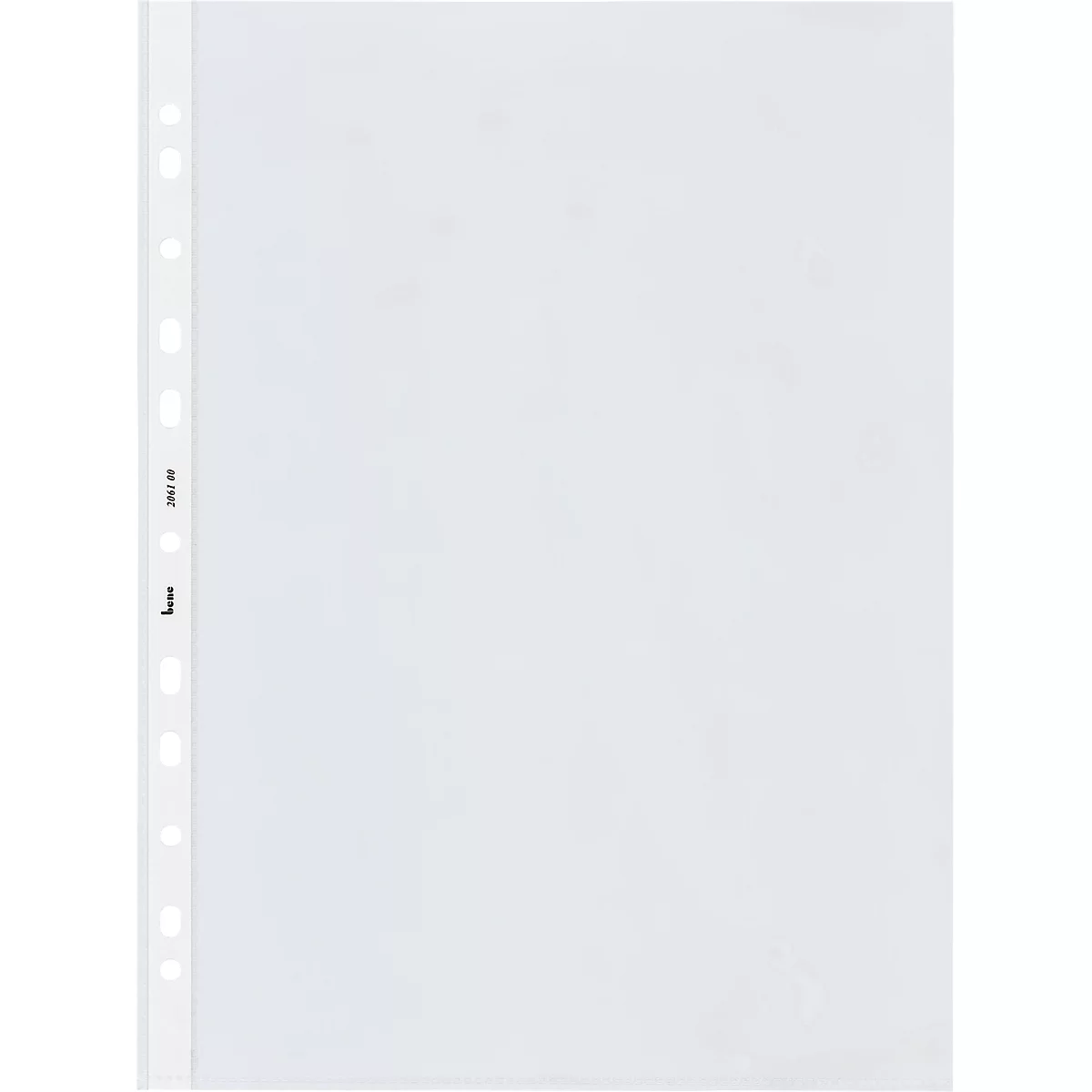 Une pochette de documents blanche et transparente avec un bord perforé. Il y a du texte sur le bord.