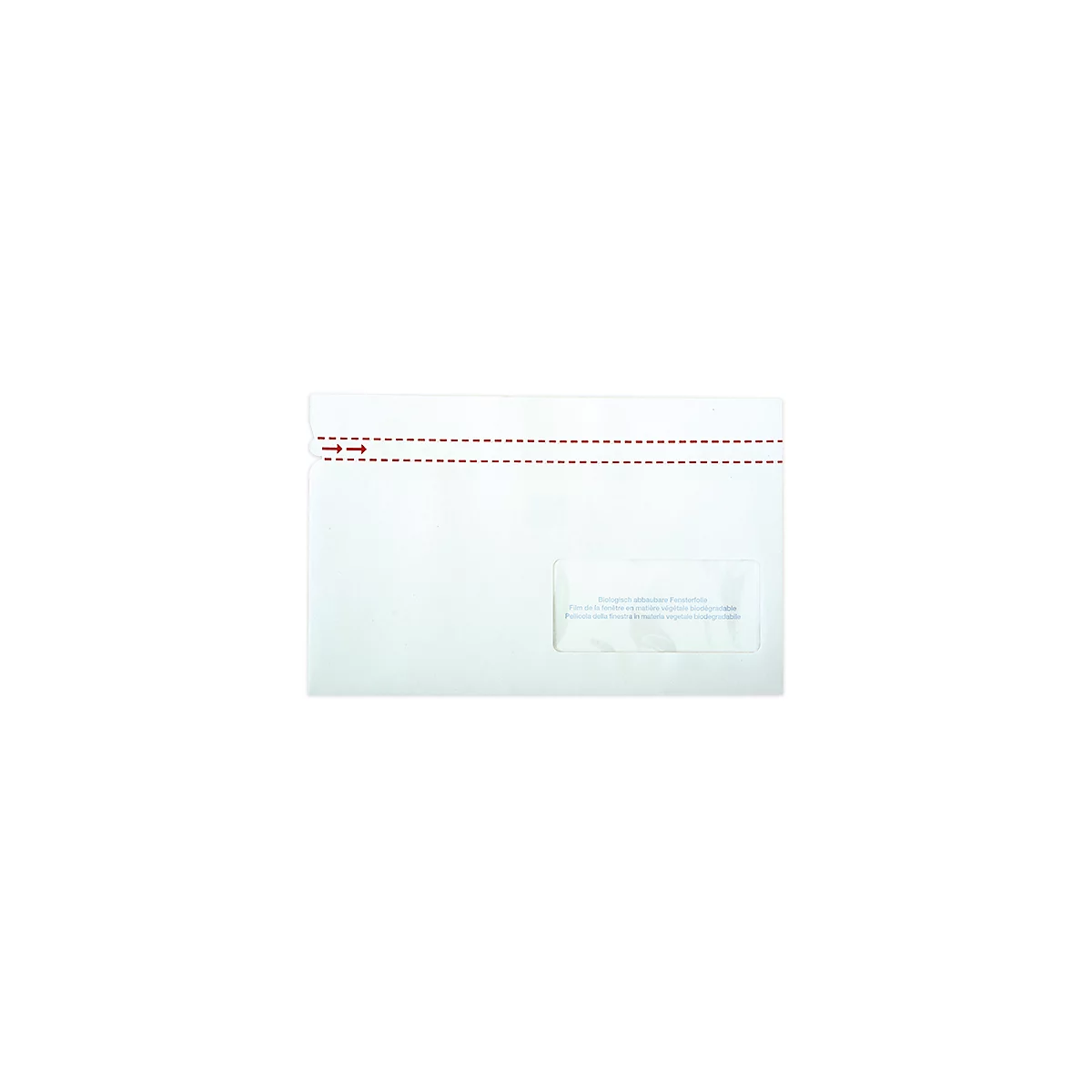Enveloppe blanche avec ligne de perforation rouge et fenêtre transparente.