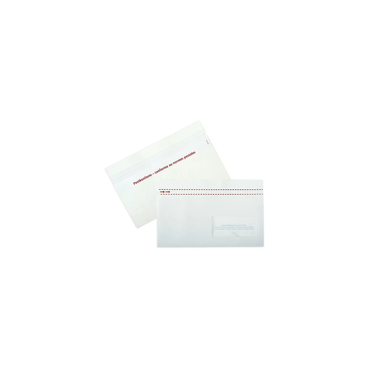 Deux enveloppes blanches; une avec l'impression 'Postkonform', l'autre avec une fenêtre.