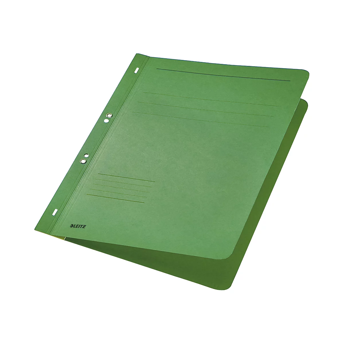 Chemise verte ouverte, avec perforation pour classeurs. Le mot "LEITZ" est visible en bas.