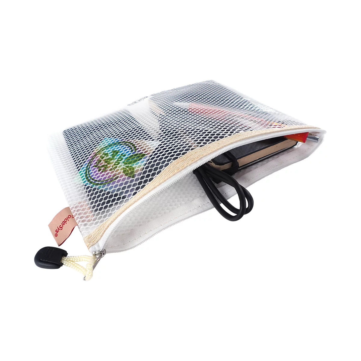 Sac en filet transparent avec contenu: stylos, carnet, câbles. L'étiquette indique 'folderstyle'.