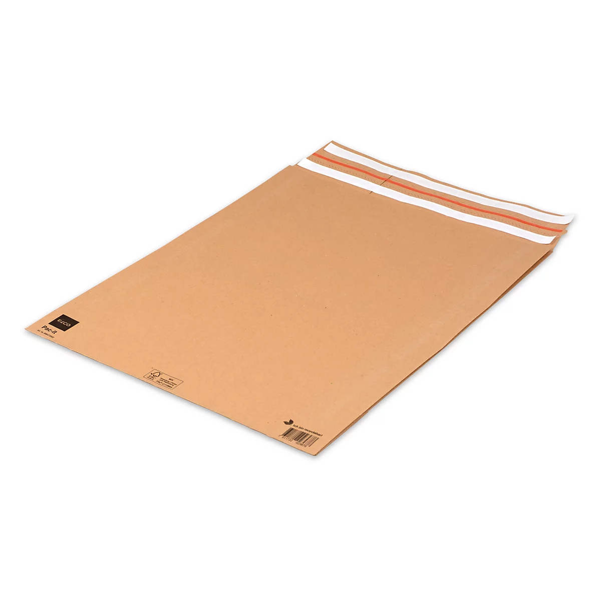 Enveloppe d'expédition marron avec bande adhésive blanche et rouge ; coin avec étiquette et code-barres.