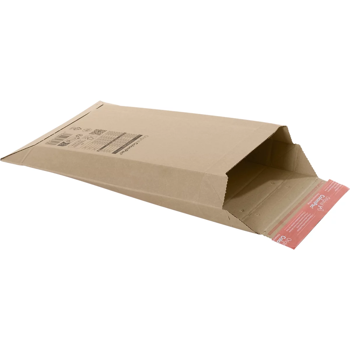 Une enveloppe marron ouverte, la bande adhésive rouge est en train d'être retirée. Texte imprimé : Original ColomPac.