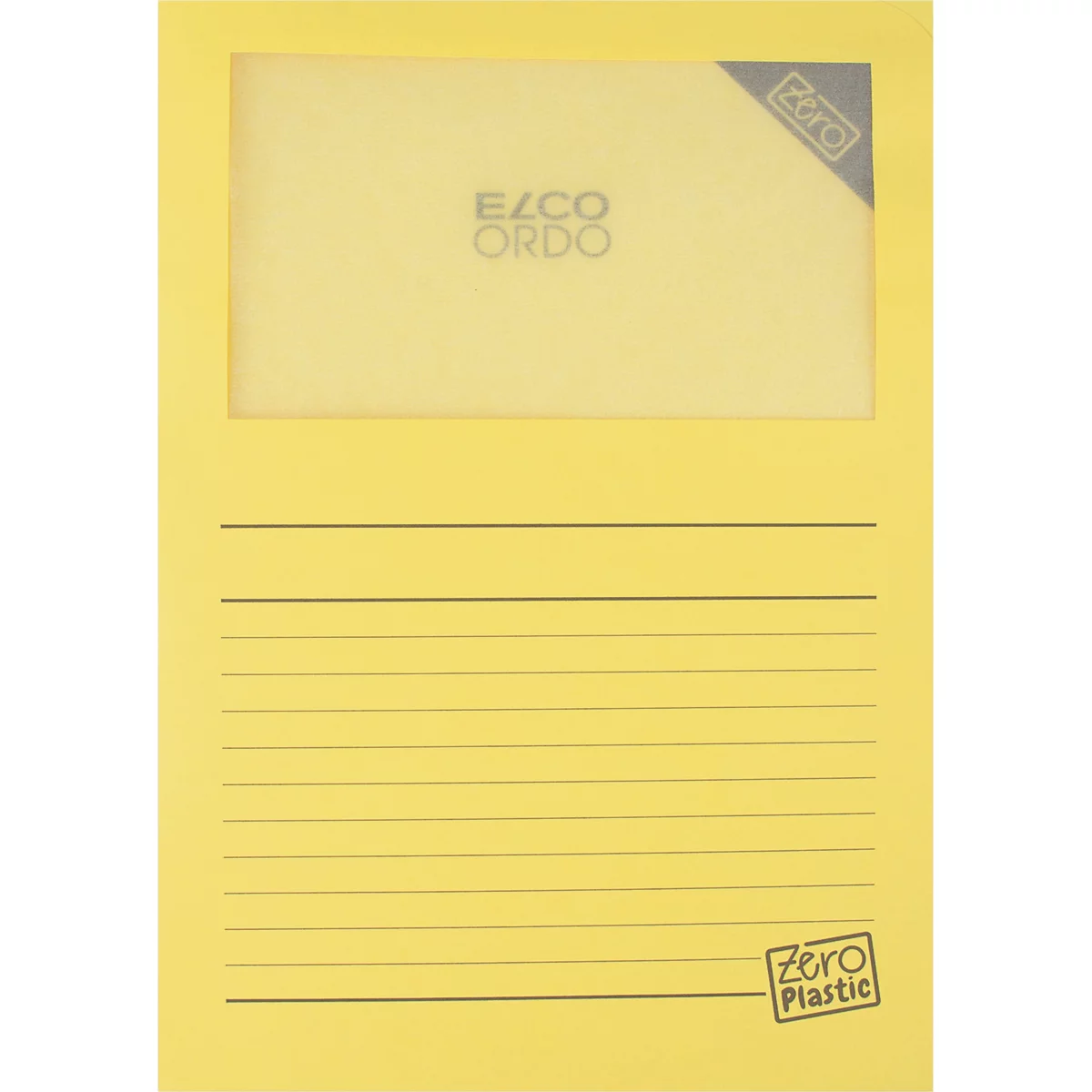 Pochette de documents jaune avec texte ELCO ORDO et Zero Plastic. Champ transparent en haut, lignes horizontales en dessous.