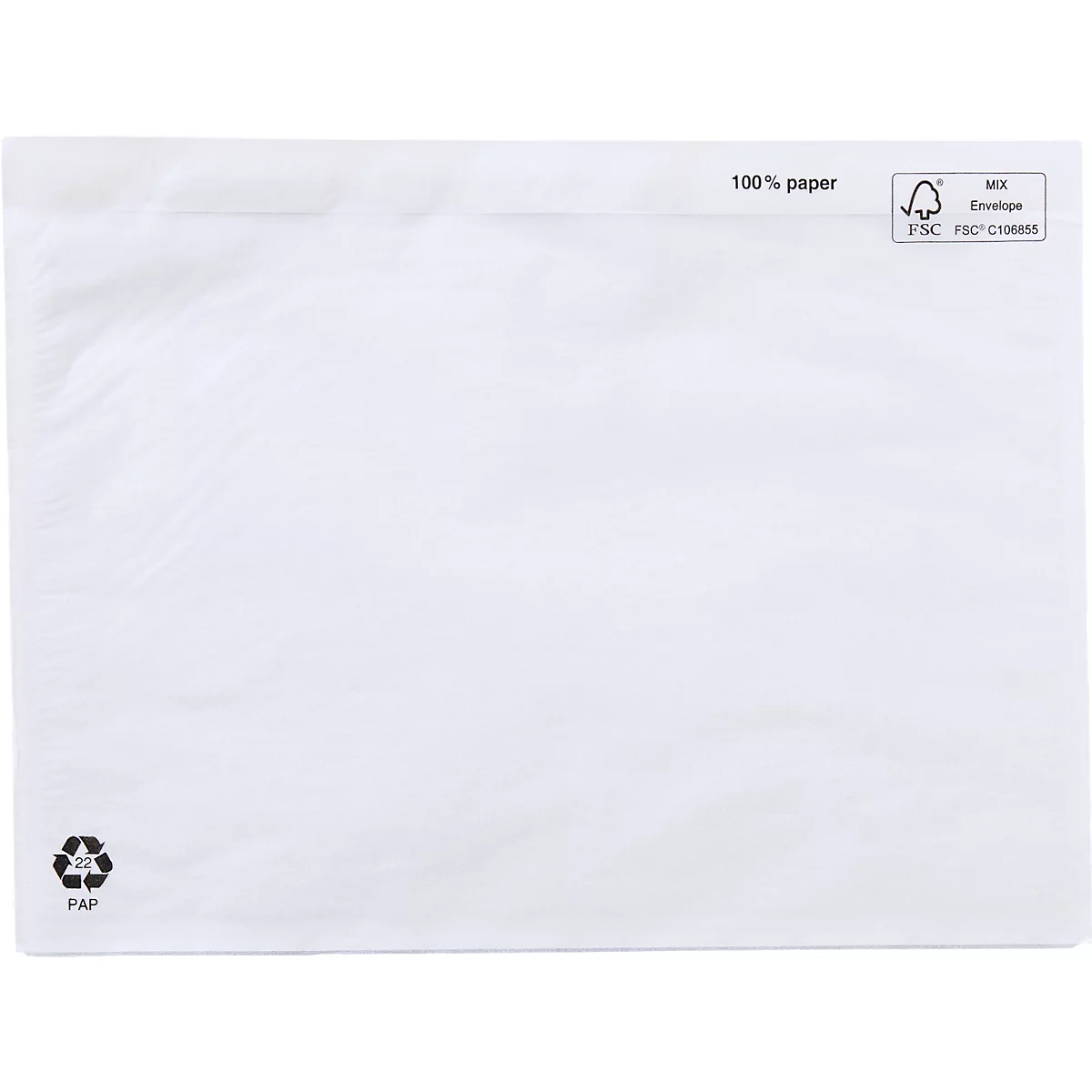 Une enveloppe en papier rectangulaire blanche avec le logo FSC en haut à droite et le symbole de recyclage en bas à gauche.