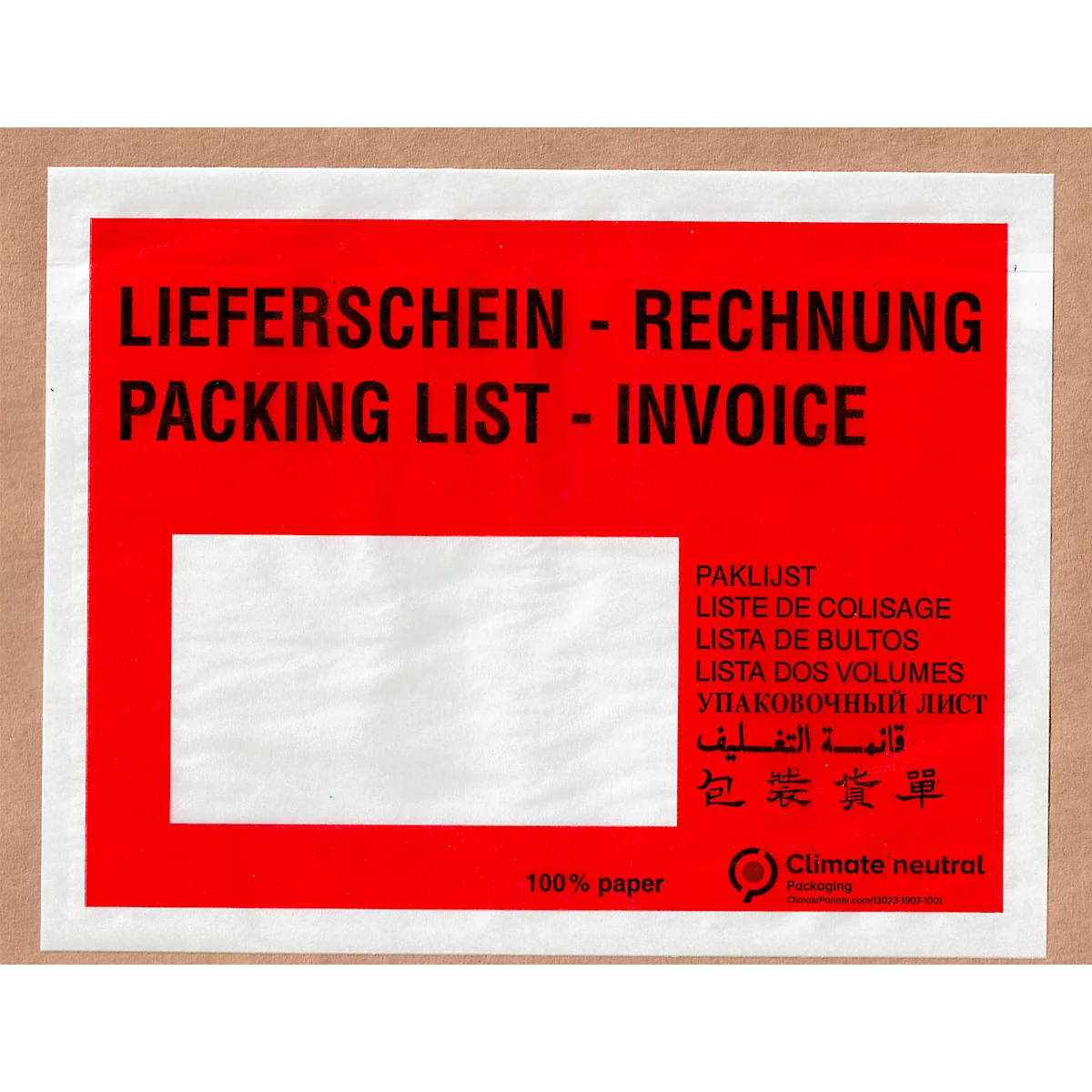 Étiquette rouge avec champs blancs et texte multilingue: Liste de colisage, Facture.