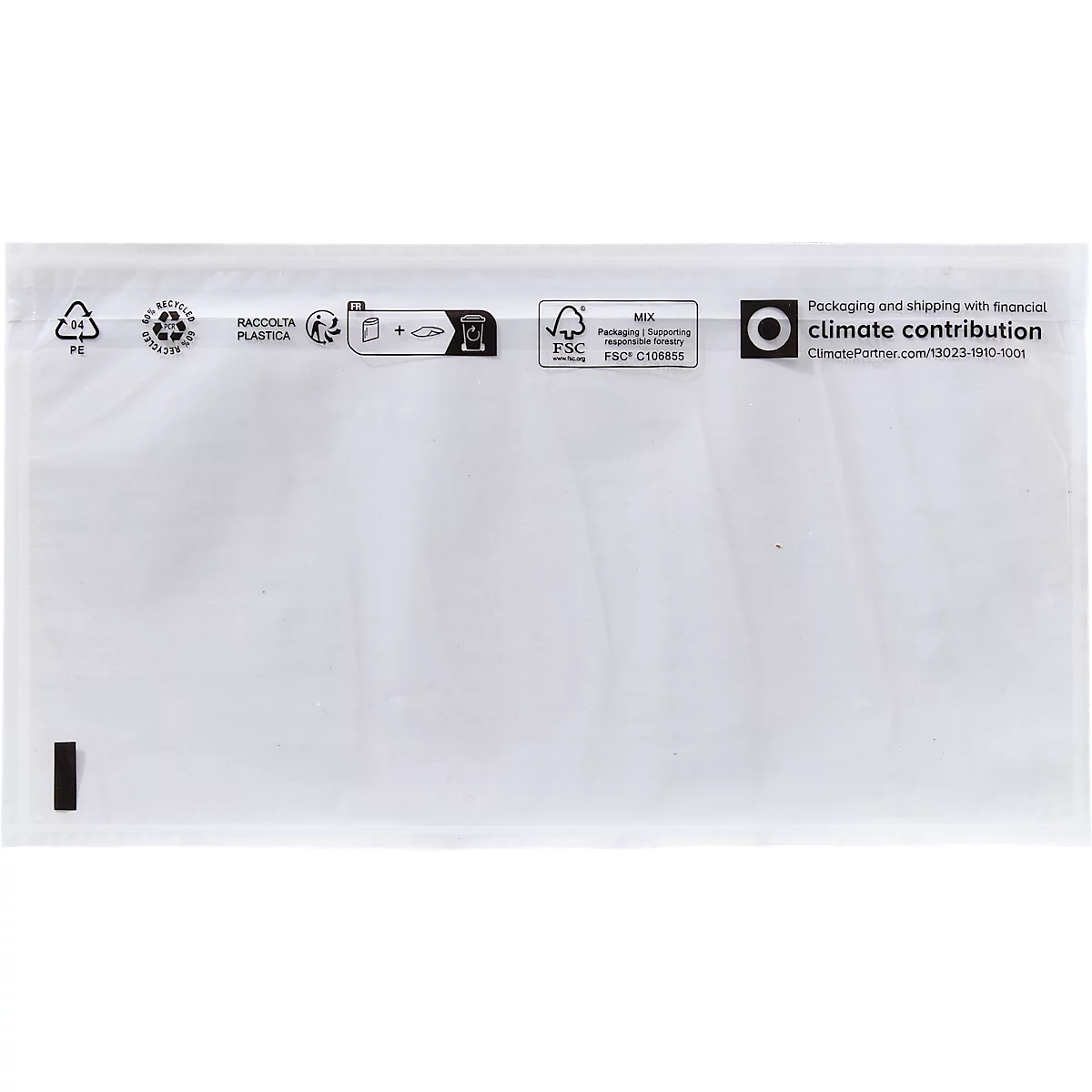 Enveloppe d'expédition en plastique blanc opaque avec divers logos de recyclage et de protection climatique.