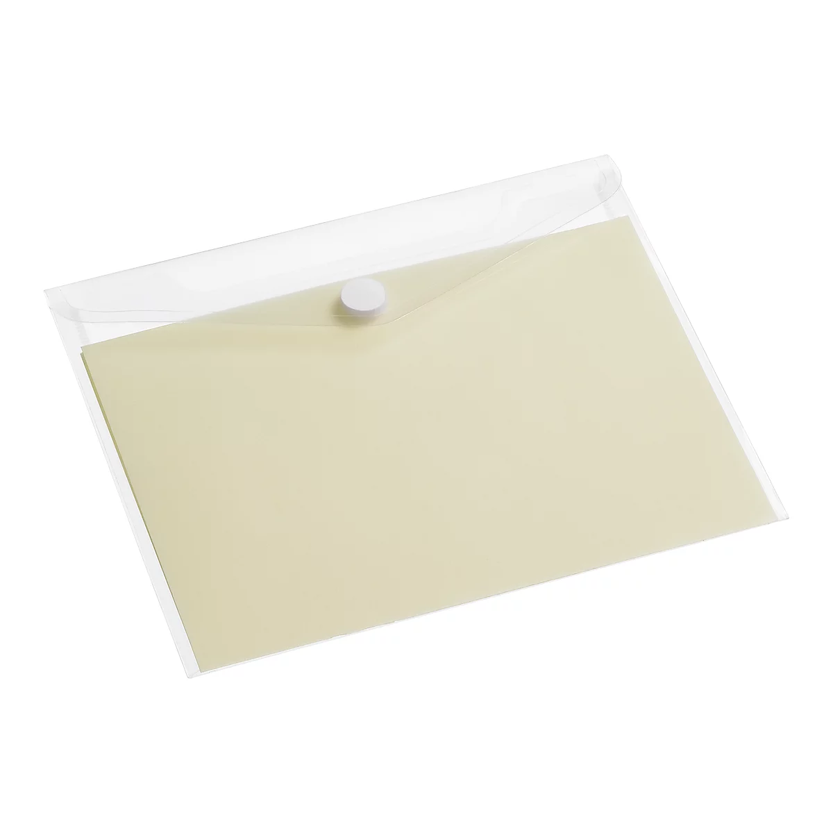 Chemise en plastique transparente avec contenu beige, fermée par un bouton blanc.