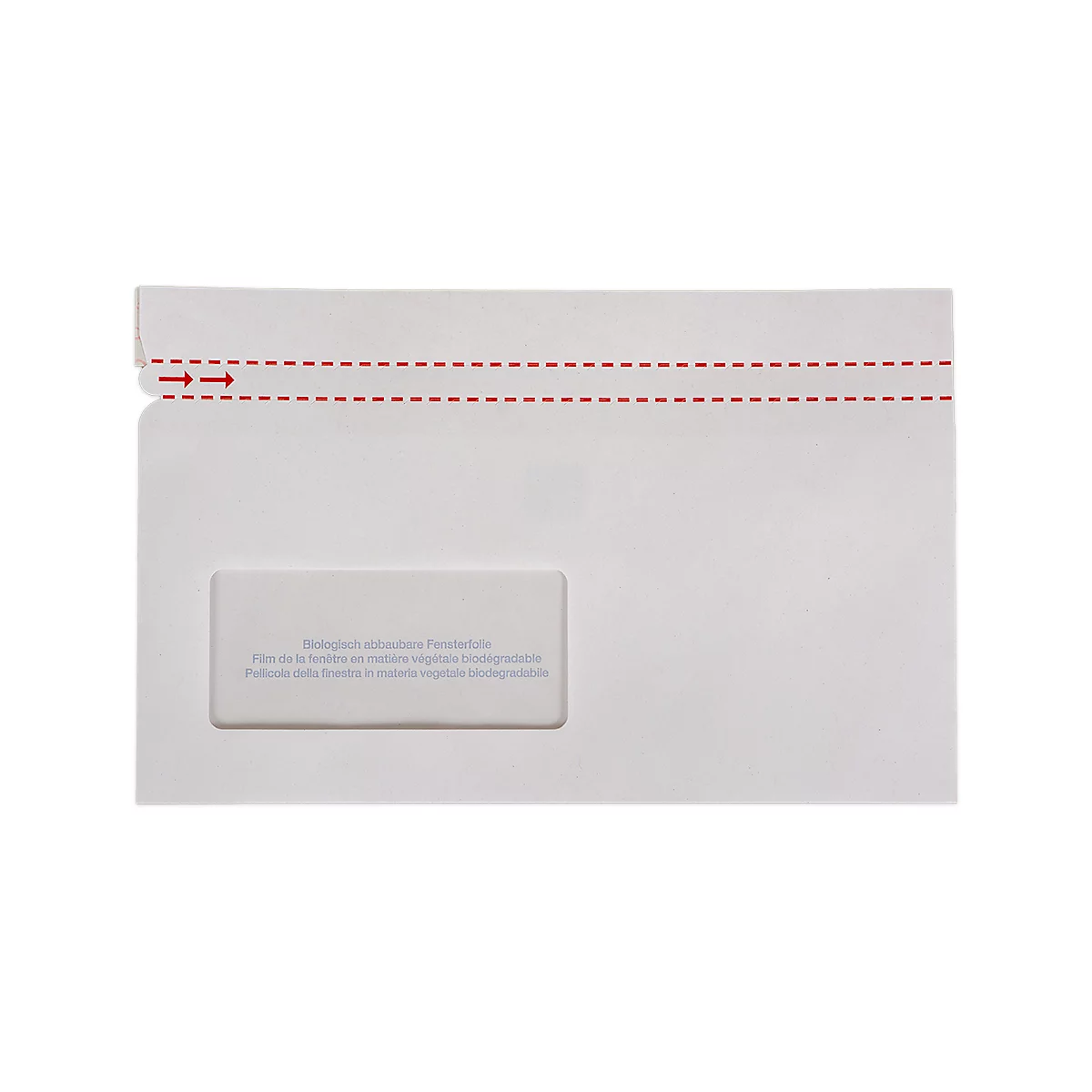 Gros plan d'une enveloppe blanche avec un marquage rouge pour l'ouverture. Une fenêtre affiche du texte.