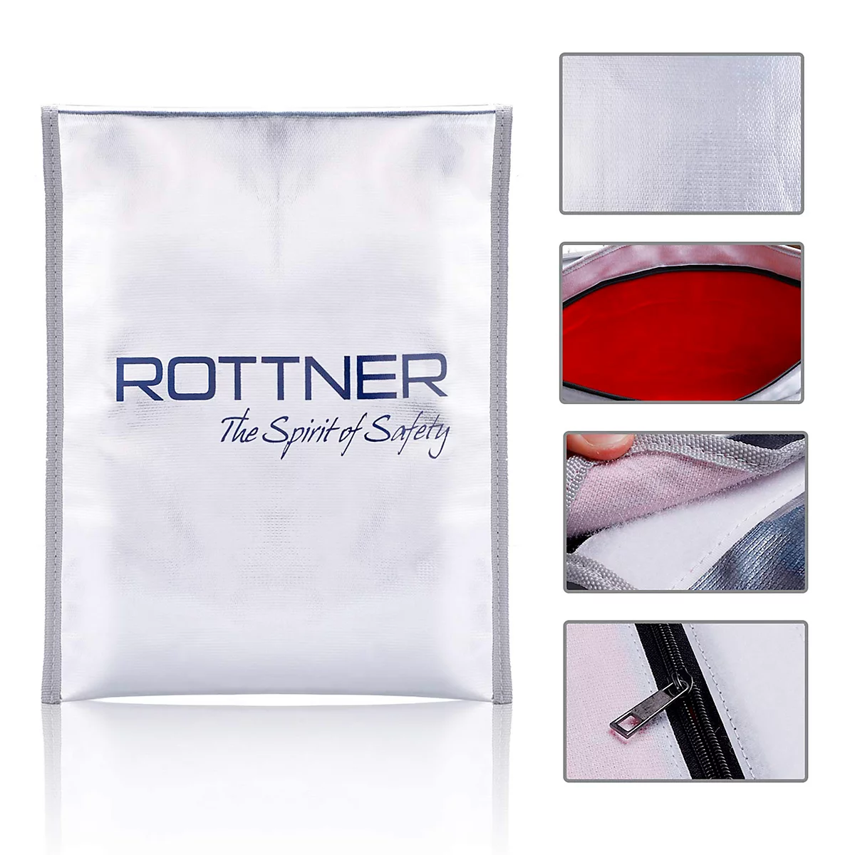 Pochette pour documents Fire Proof Bag Rottner, A4, résistant au feu et aux projections d’eau, fermeture éclair et avec velcro, plastique/alu