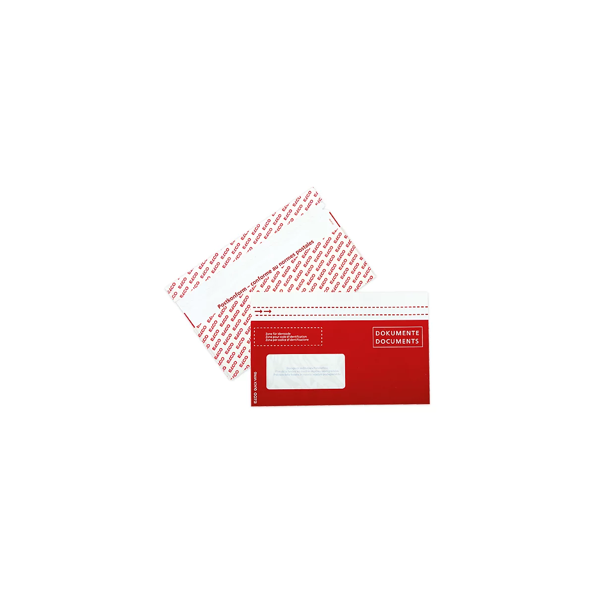 Enveloppes de documents rouges, certaines avec une fenêtre et une impression, sont posées sur un fond blanc.