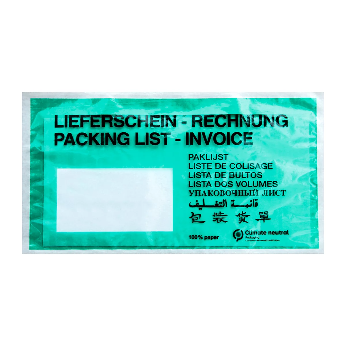 Sac d'expédition vert avec l'inscription "Packing List - Invoice".