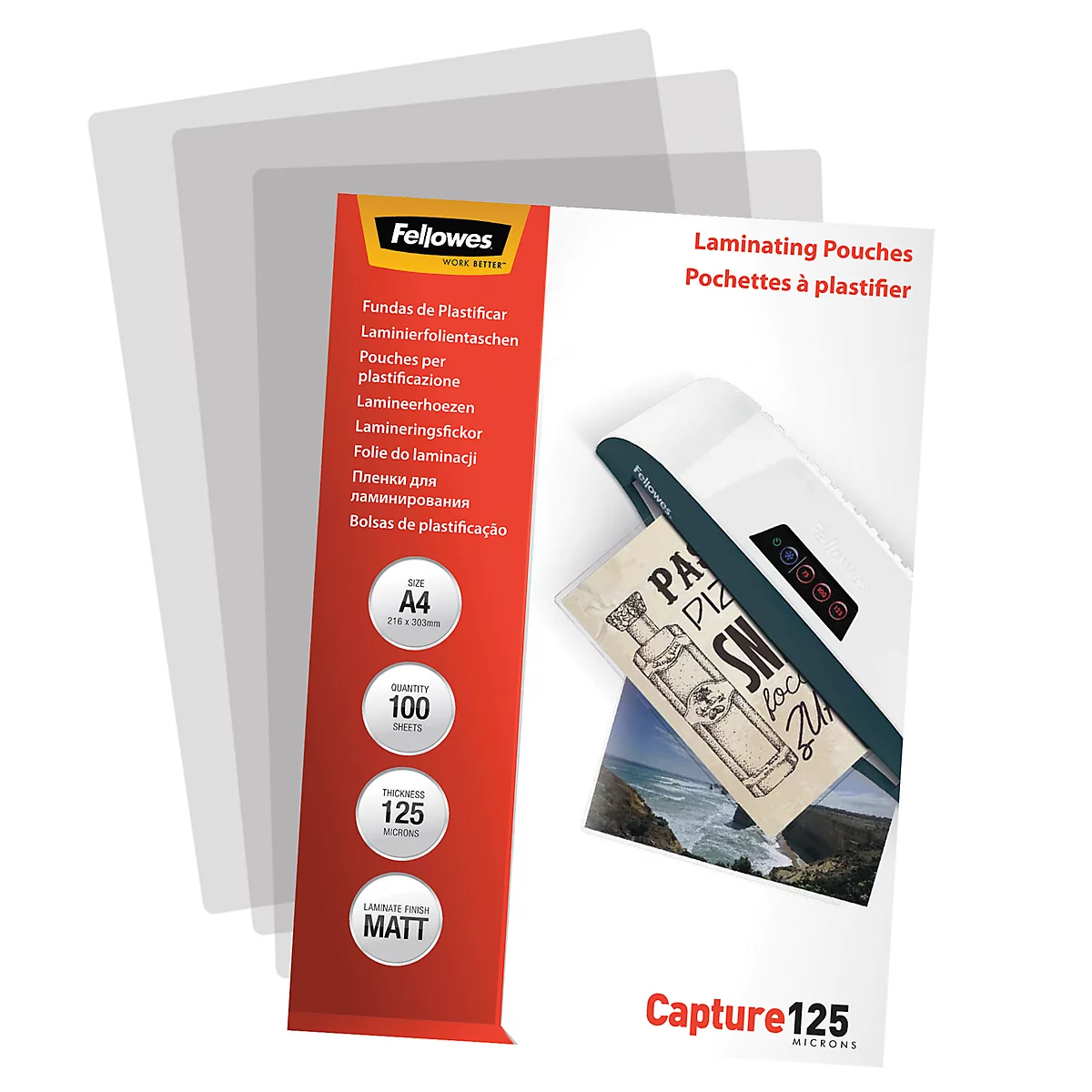 Image du produit de pochettes de plastification et d'emballage avec des informations. Les textes imprimés incluent "Fellowes" et "Capture 125".