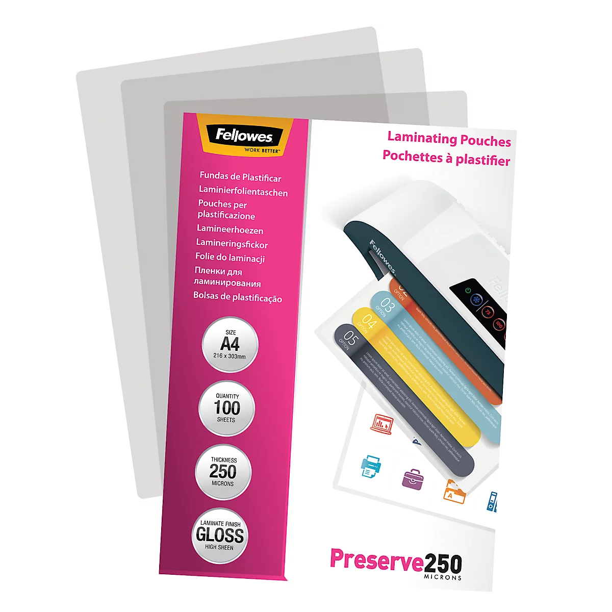 Pochettes à plastifier Fellowes, format A4, 250 mic., 100 p.