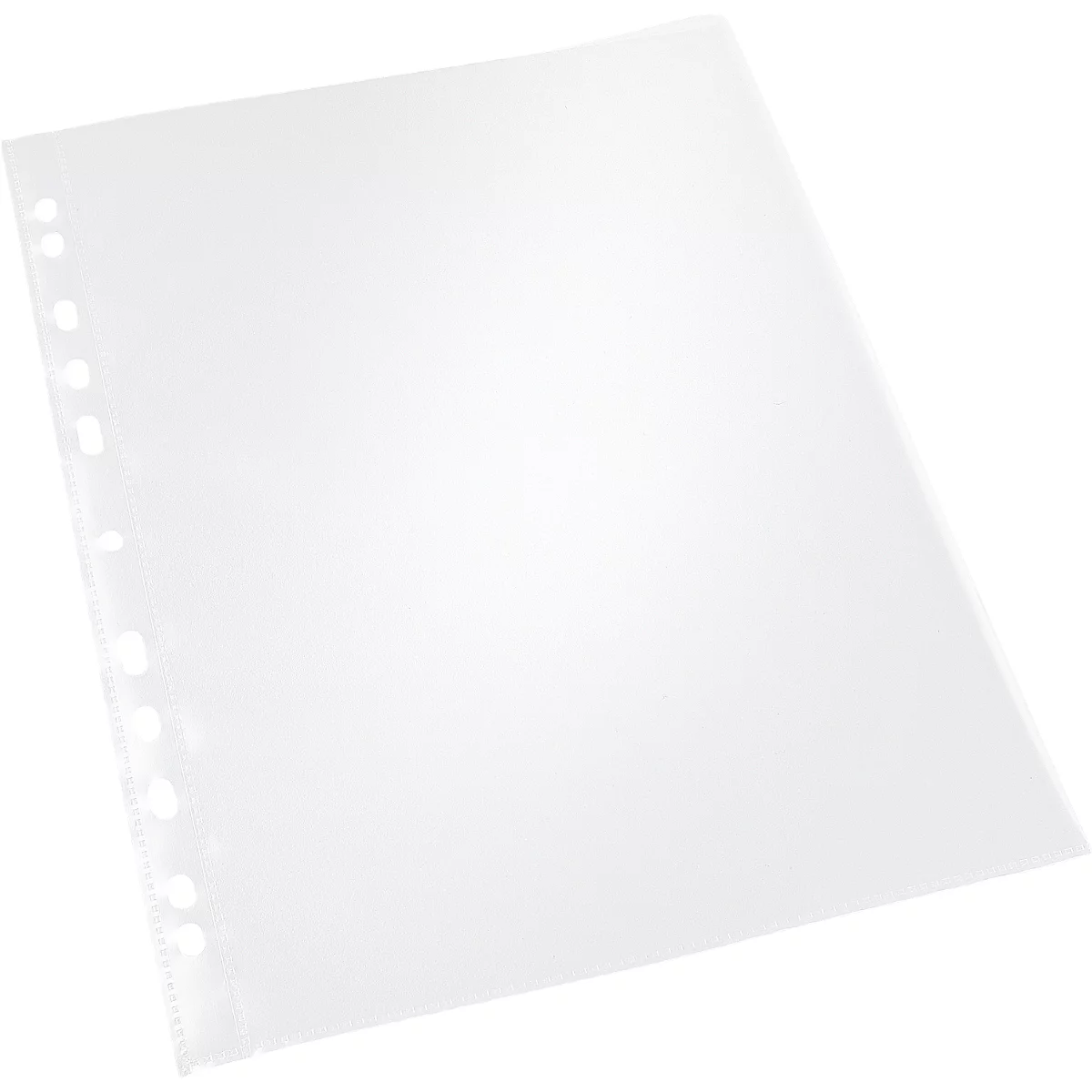 Feuille de plastique transparente, avec des trous sur le côté. Légèrement inclinée.