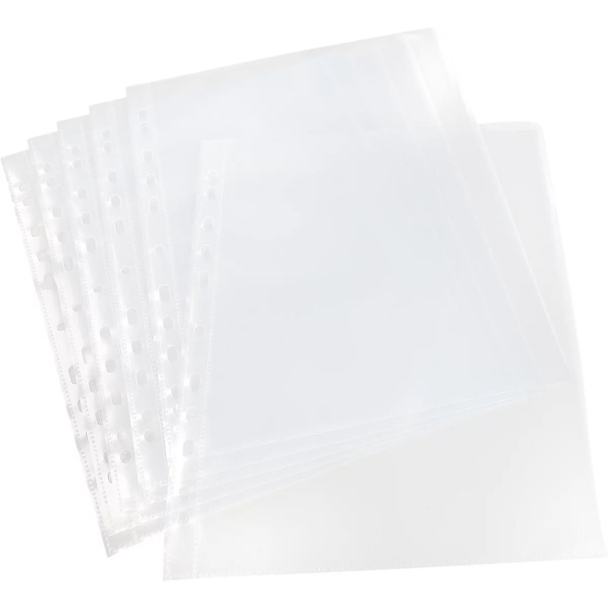 Pile de pochettes de classement transparentes. Certaines ont des trous sur le côté.