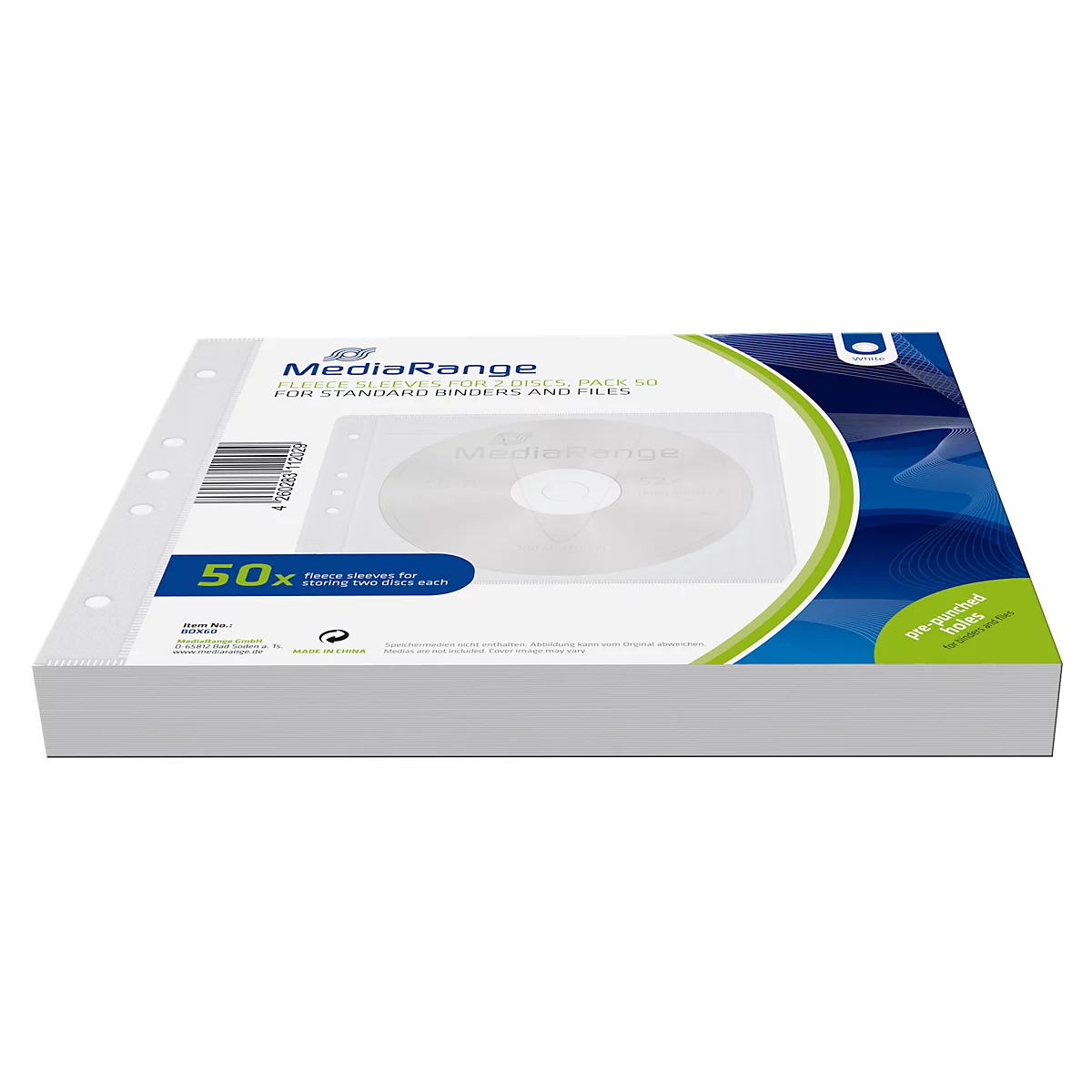 Pochettes non tissées pour CD/DVD, perforées, perforation universelle, blanc