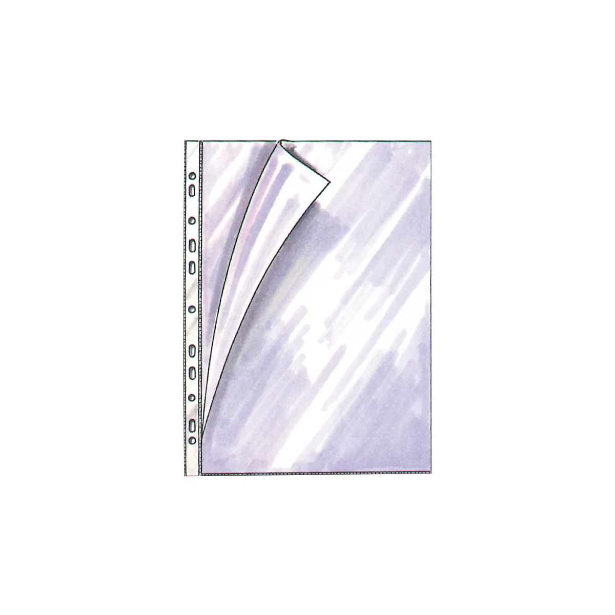 Pochette transparente avec bord perforé, un coin est relevé.