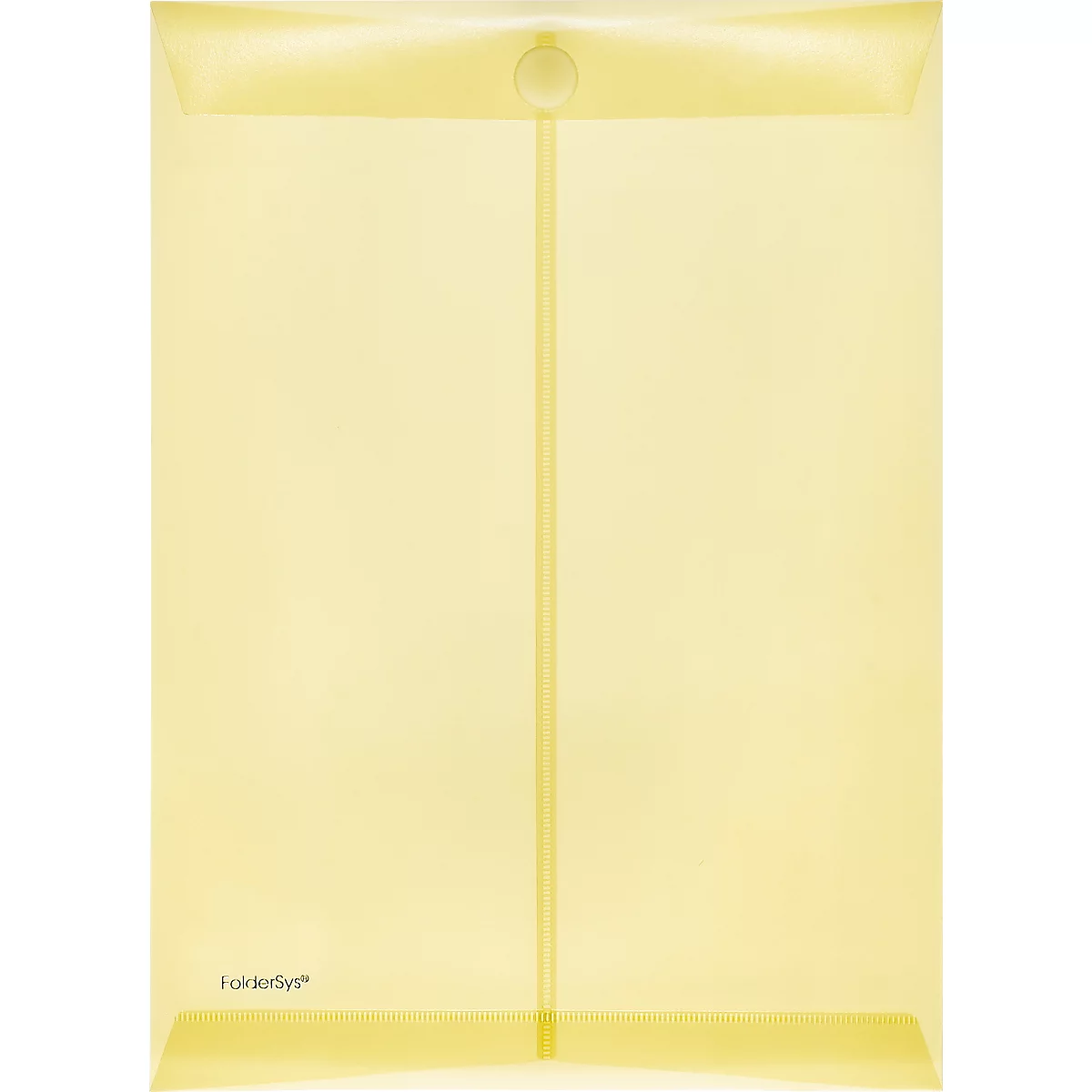 Chemise en plastique jaune avec fermeture à bouton et renfort vertical central.