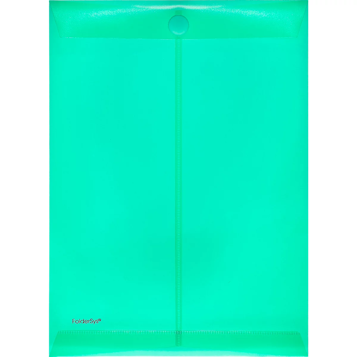 Pochette de documents transparente vert clair avec fermeture à bouton-pression et ligne centrale. Nom de la marque en bas à gauche.
