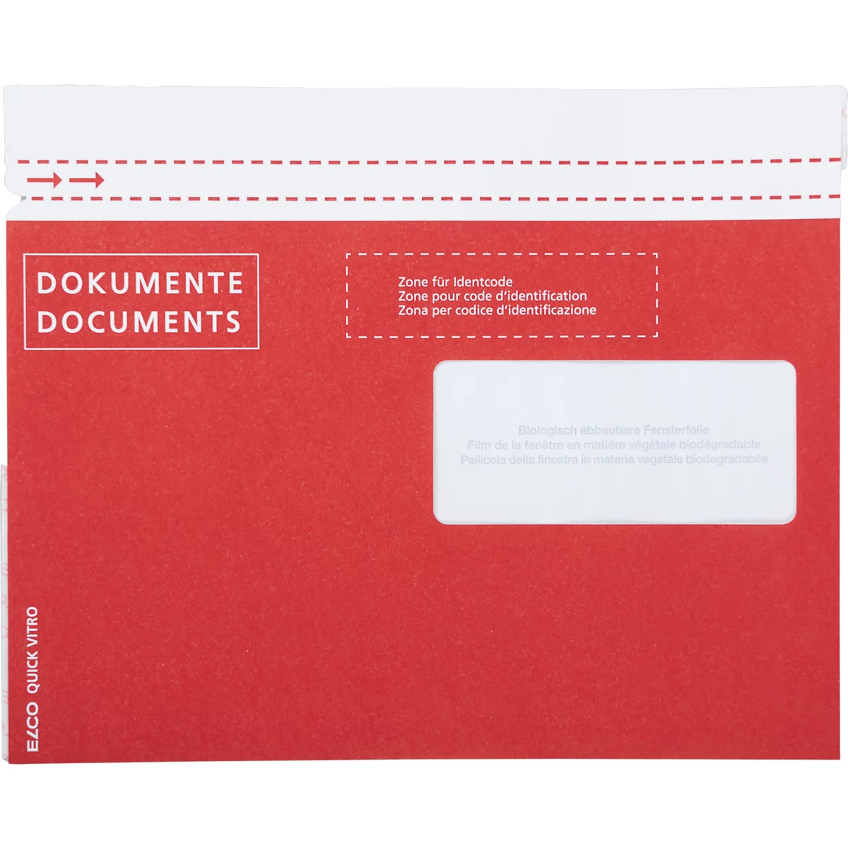 Enveloppe de documents rouge avec fenêtre blanche. Inscription : Documents. En haut : Zone pour le code d'identification.