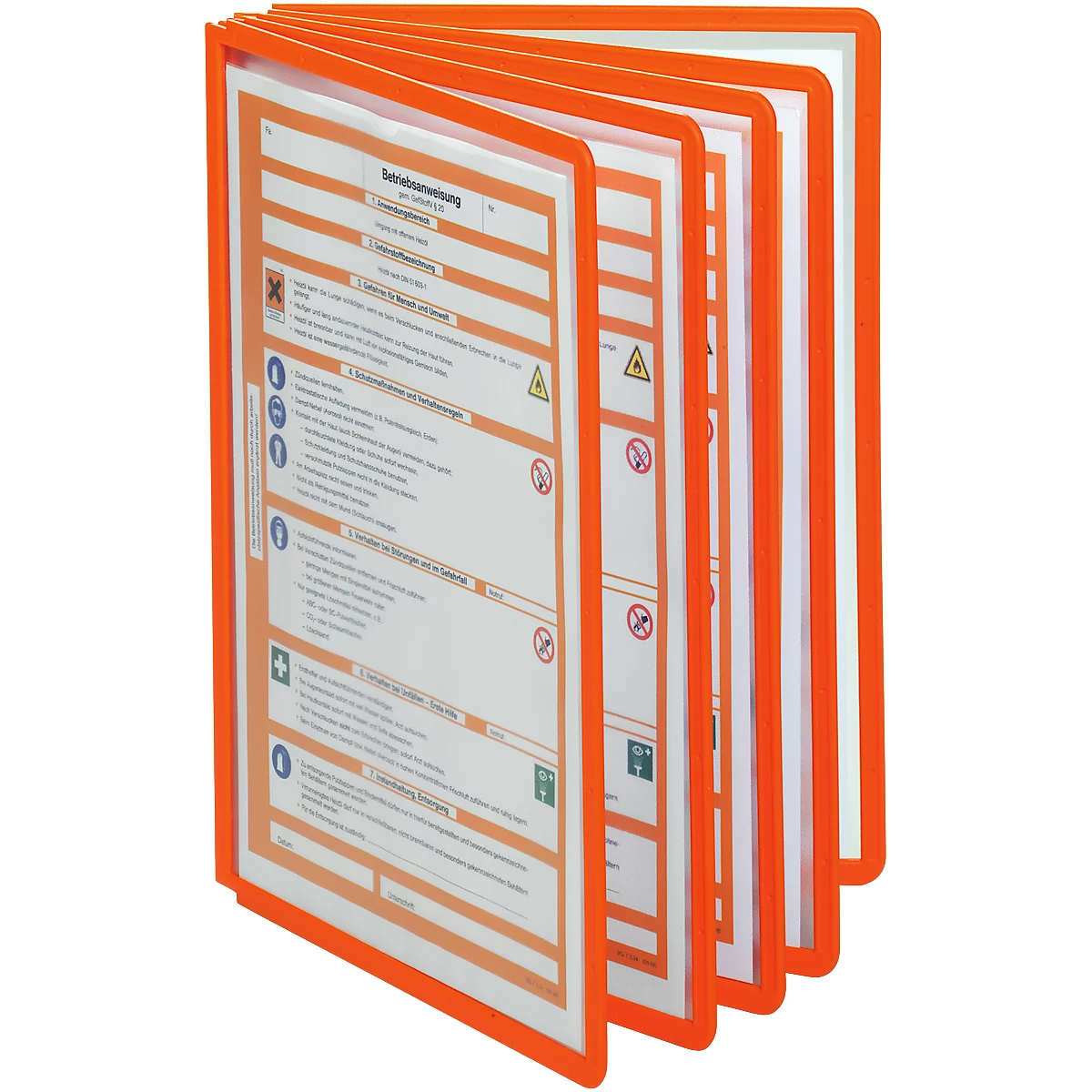 Dossier avec cadres orange contenant plusieurs documents. Des pictogrammes sont visibles sur le document de gauche.