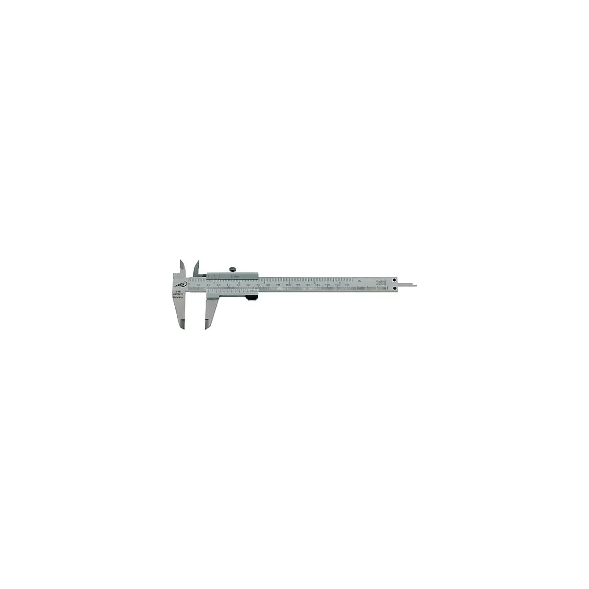 A gray caliper, with scale and fine measuring tips, lies on a white surface.
