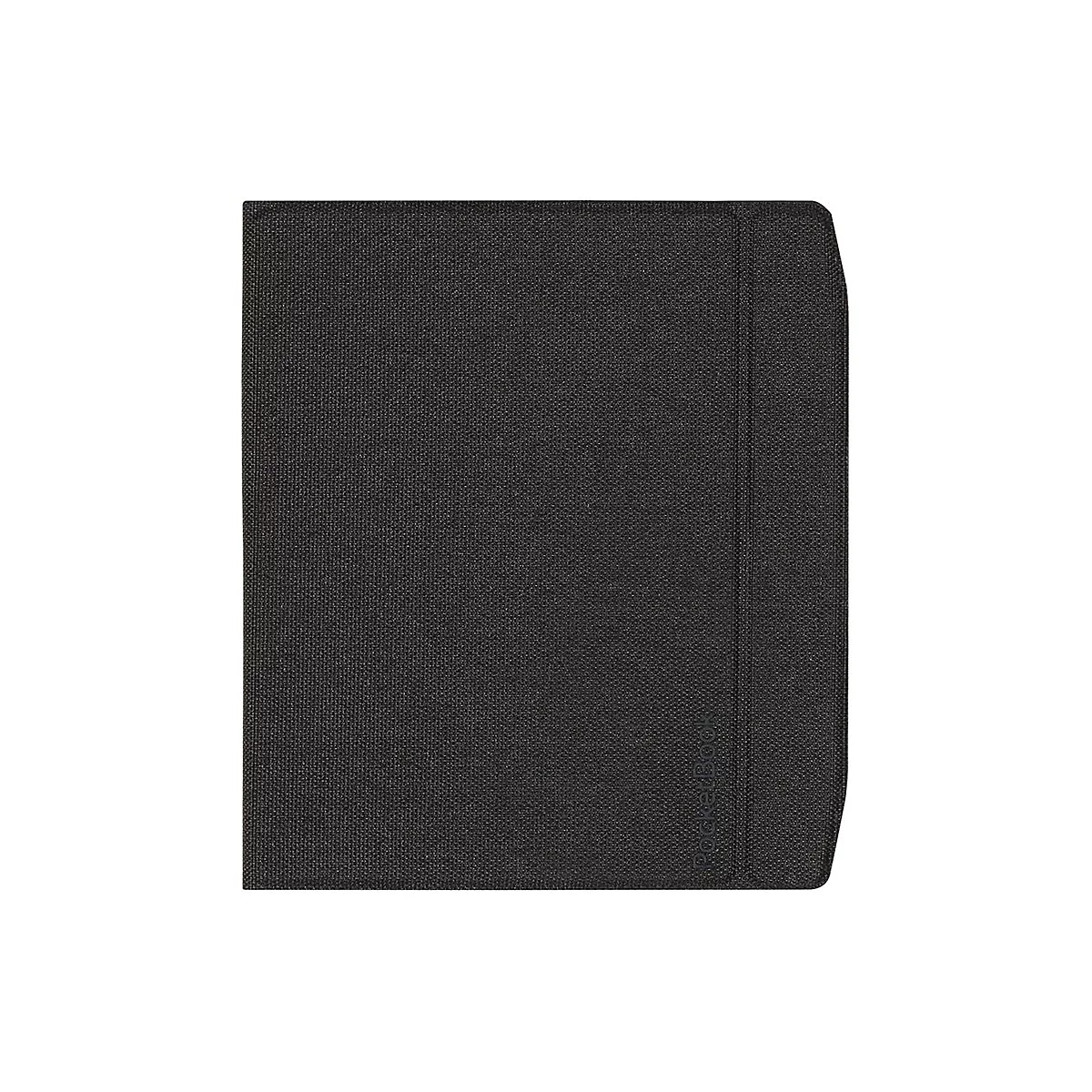Geschlossene schwarze E-Reader-Schutzhülle mit texturierter Oberfläche und eingeprägtem PocketBook-Logo.