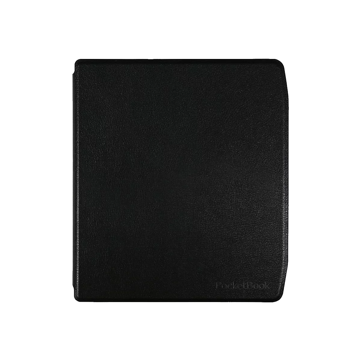 Schwarze, geschlossen E-Book-Reader-Hülle mit dezenter PocketBook-Prägung auf weißem Hintergrund.