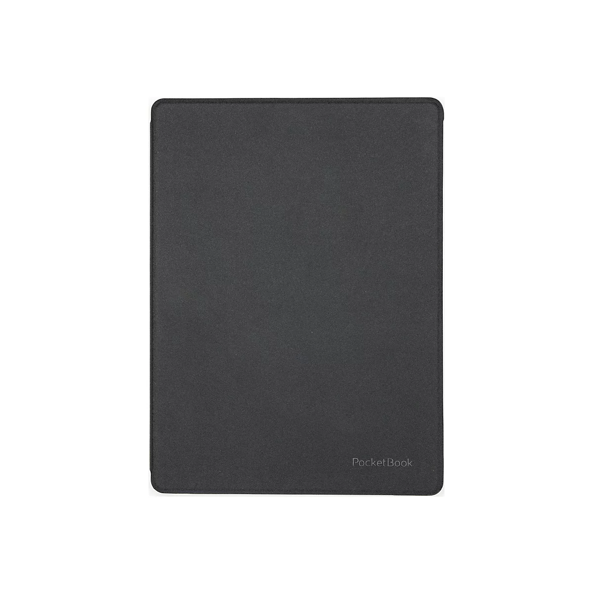 Schwarze, geschlossene E-Reader-Schutzhülle mit eingeprägtem PocketBook-Logo unten rechts auf weißem Grund.