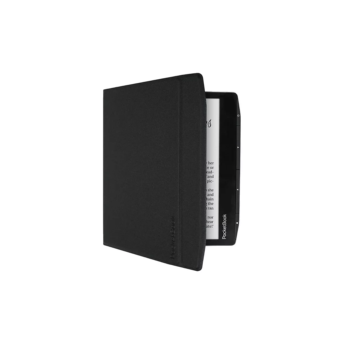 Schwarzes e-Book-Reader-Cover mit eingestecktem, teilweise sichtbarem e-Reader auf weißem Hintergrund.