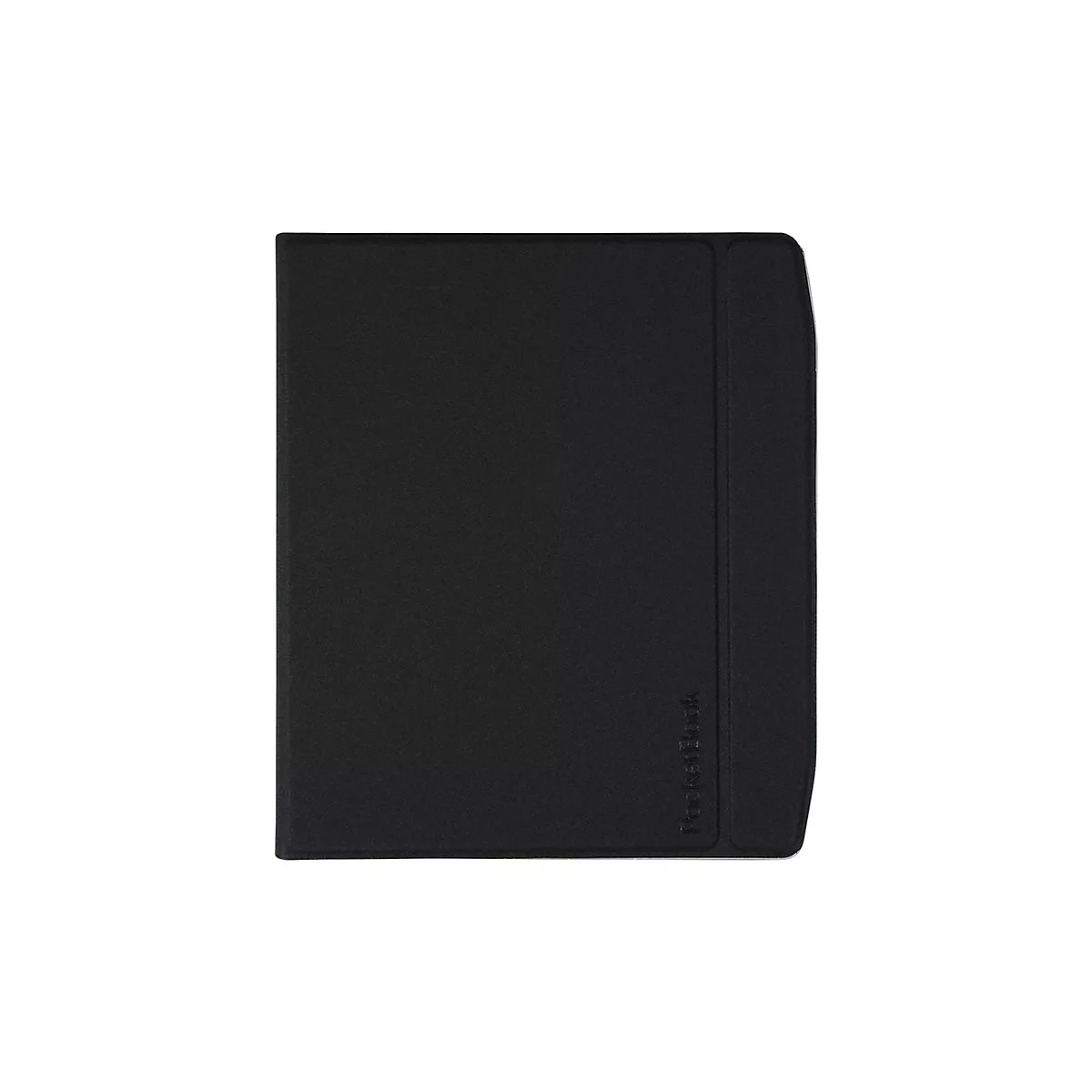 Schwarze, minimalistische E-Book-Reader-Schutzhülle in geschlossener Ansicht mit eingeprägtem PocketBook-Logo.