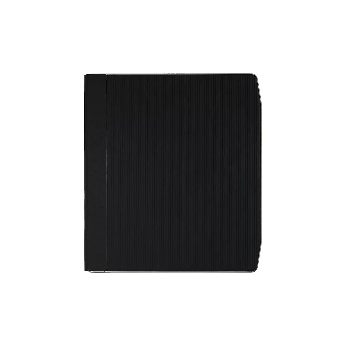 Schwarzes E-Book-Lesegerät in minimalistischem Design vor weißem Hintergrund.