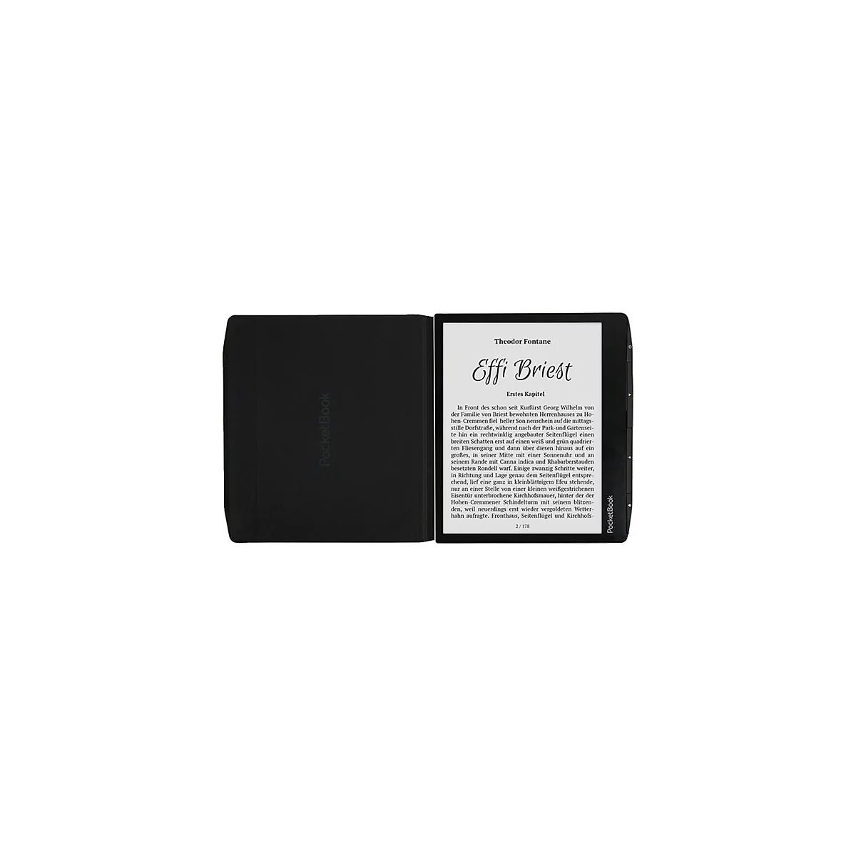 E-Reader mit schwarzer Schutzhülle zeigt den Text von Effi Briest auf einem digitalen Display.