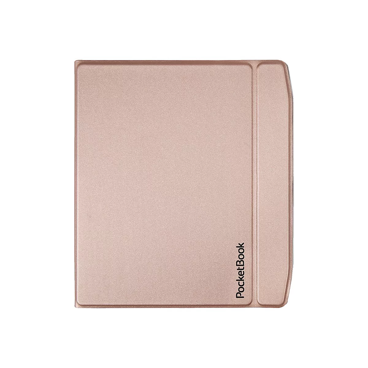 Geschlossene roségoldene Schutzhülle für PocketBook E-Reader mit Markenlogo auf der Vorderseite.