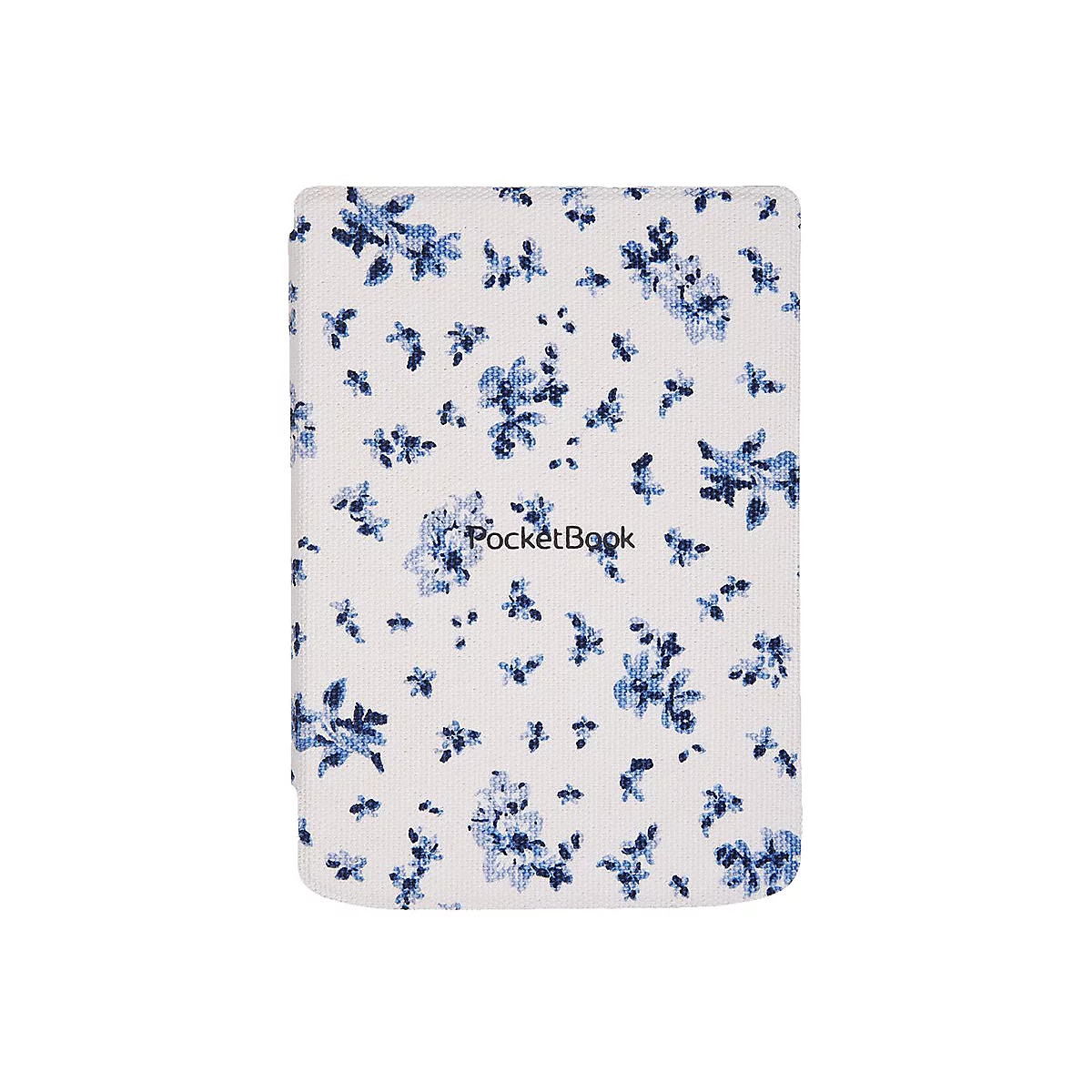 E-Reader-Schutzhülle in Weiß mit blauem Blumenmuster und mittigem PocketBook-Schriftzug.