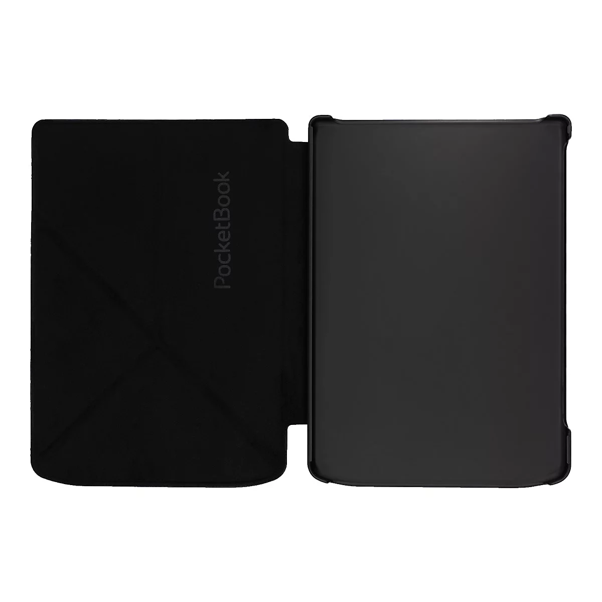 Schwarzes aufklappbares E-Reader-Cover von PocketBook auf weißem Hintergrund.