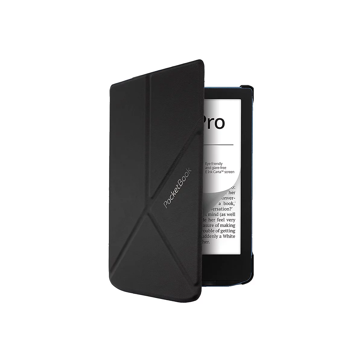 Schwarze Schutzhülle für PocketBook E-Reader mit geometrischem Muster, die den Bildschirm halb verdeckt.