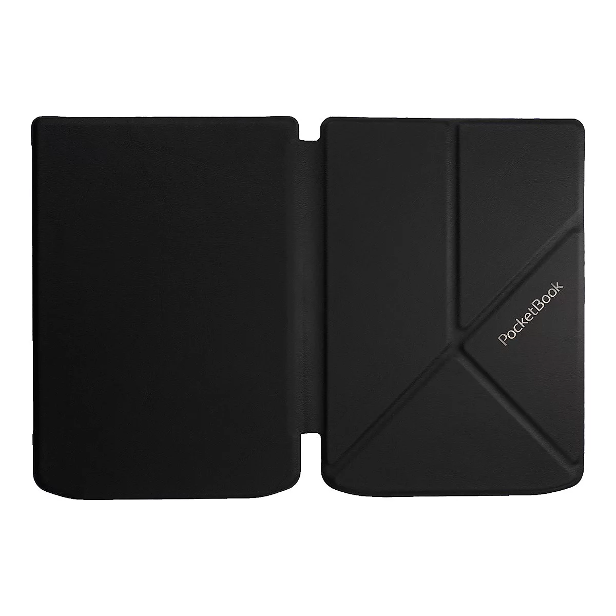 Schwarzes aufklappbares PocketBook-Schutzcover mit geometrischem Faltmuster und Logo auf der Vorderseite.