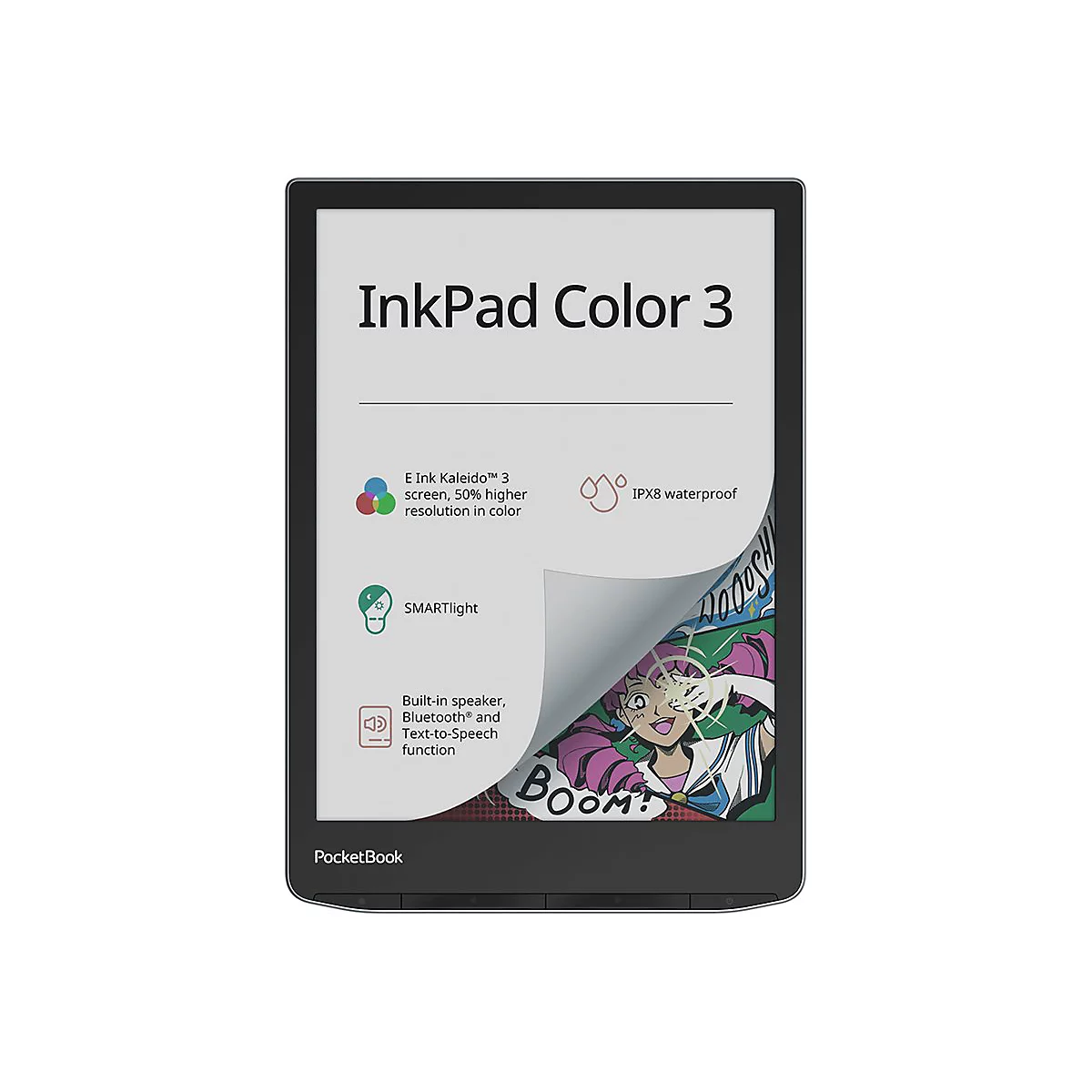 PocketBook InkPad Color 3 E-Reader mit Anzeige der technischen Funktionen und Comic-Grafik.