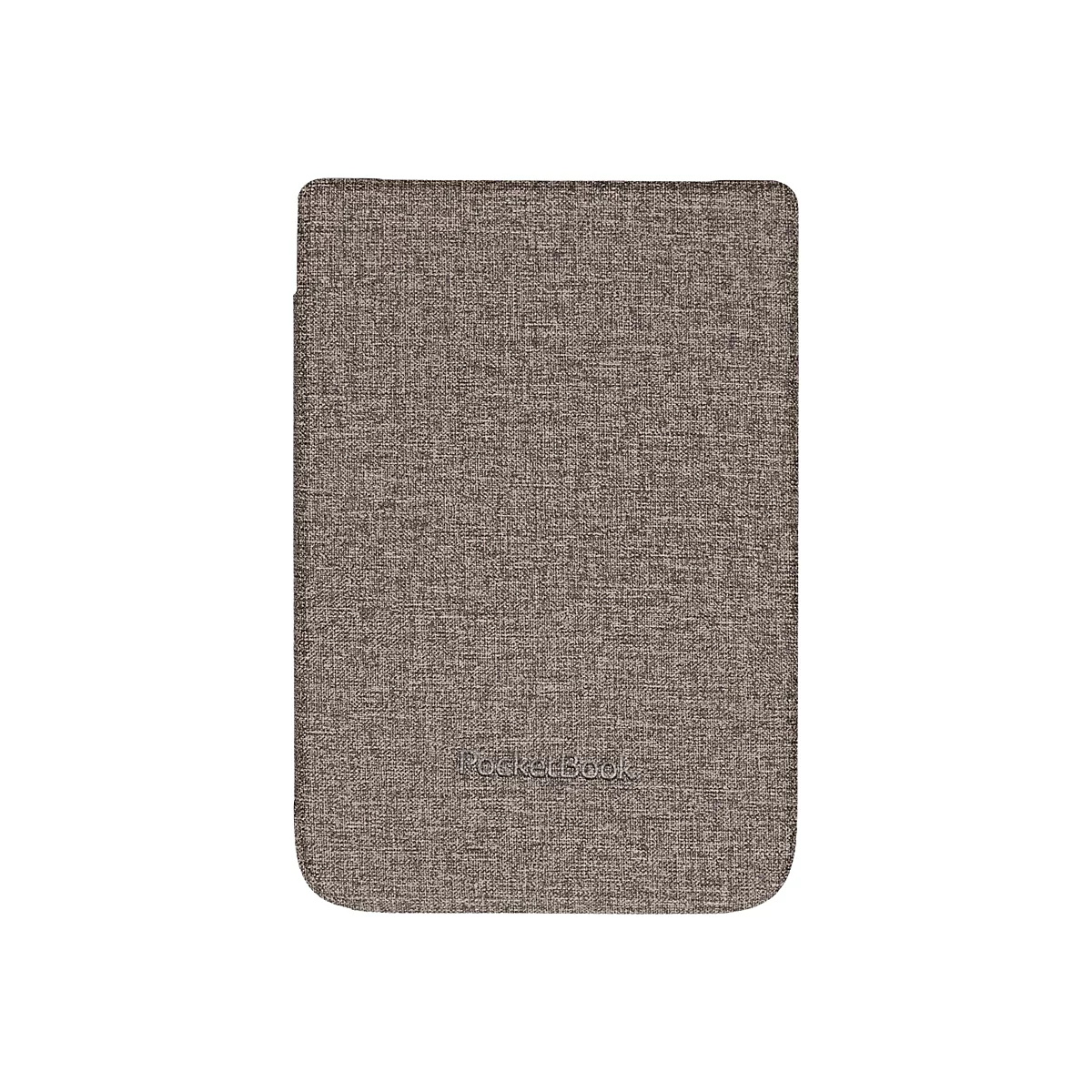 Eine rechteckige, braune E-Book-Reader-Hülle mit Textilstruktur und eingeprägtem PocketBook-Logo.