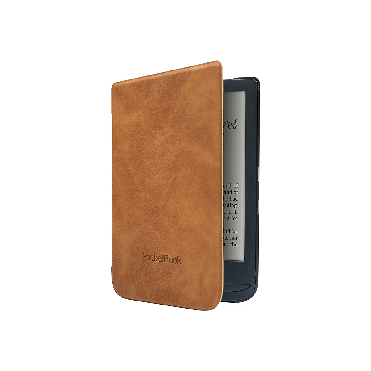 E-Book-Reader mit brauner Lederhülle und PocketBook-Schriftzug vor weißem Hintergrund.