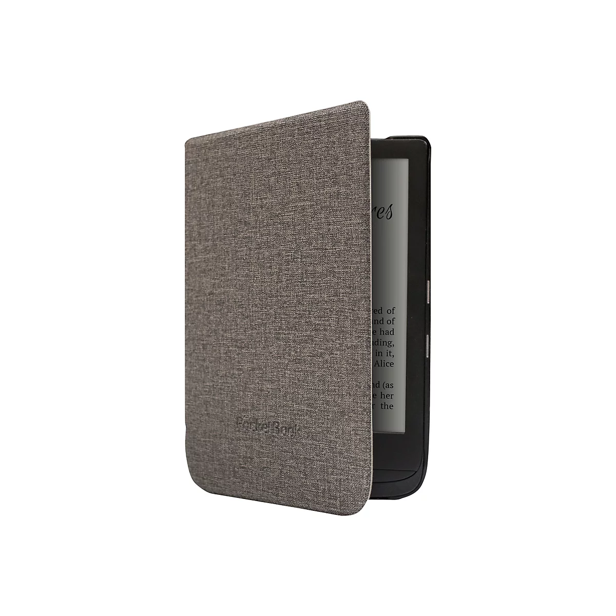E-Reader in einer grauen Stoffhülle mit Textanzeige auf dem Display.