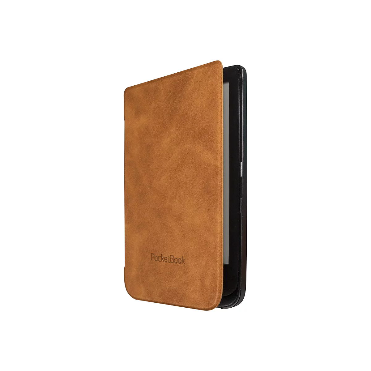 Ein PocketBook E-Reader in einer braunen Lederhülle mit eingeprägtem Logo, leicht geöffnet.