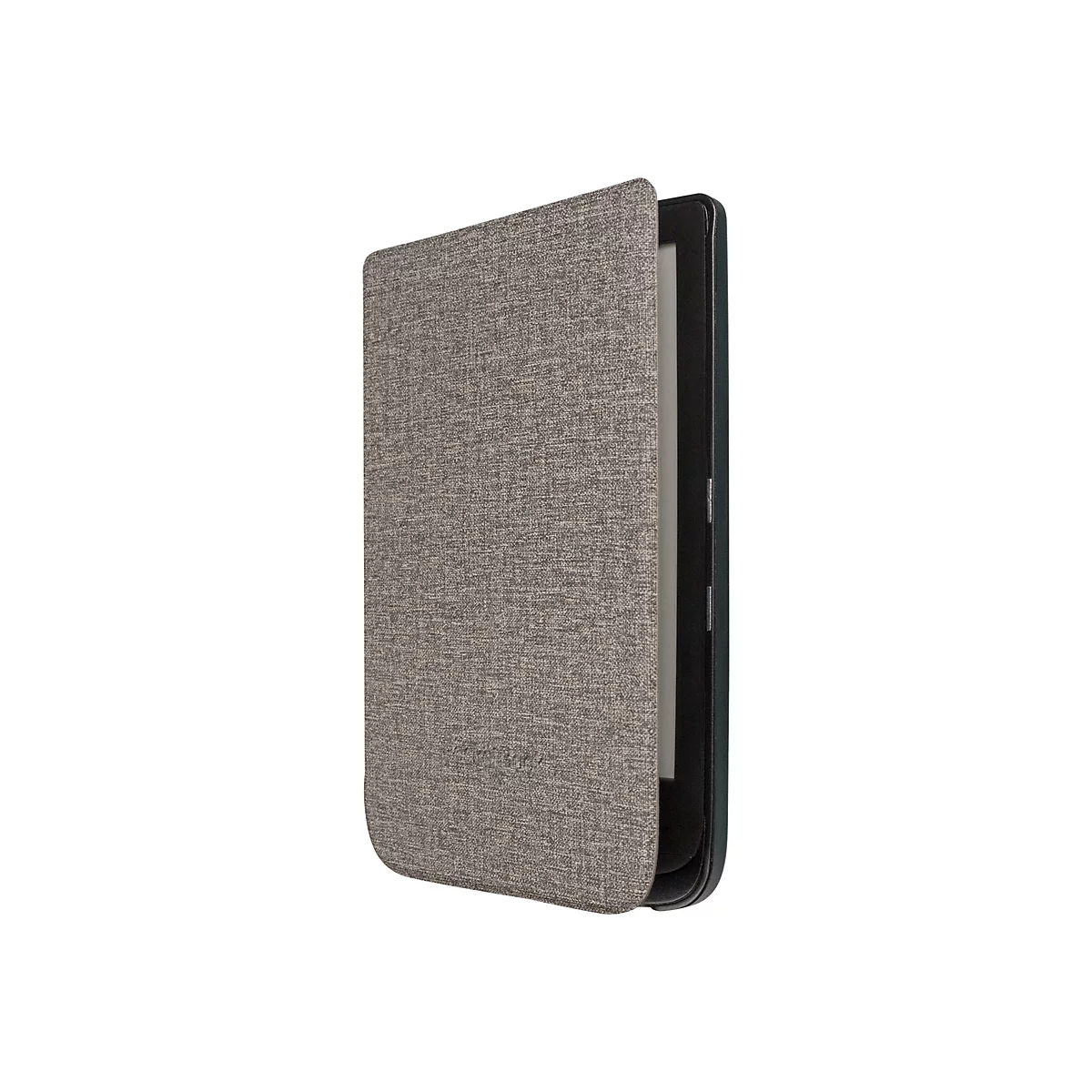 E-Reader in einer grauen Stoffschutzhülle, leicht geöffnet und seitlich betrachtet.