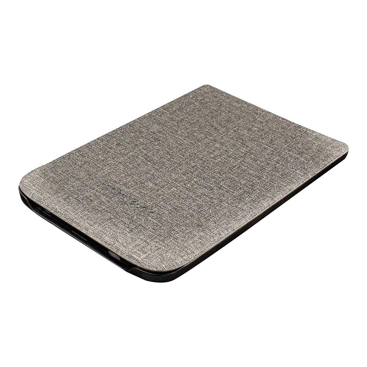 Eine graue E-Reader-Hülle mit stoffartiger Textur auf weißem Hintergrund.