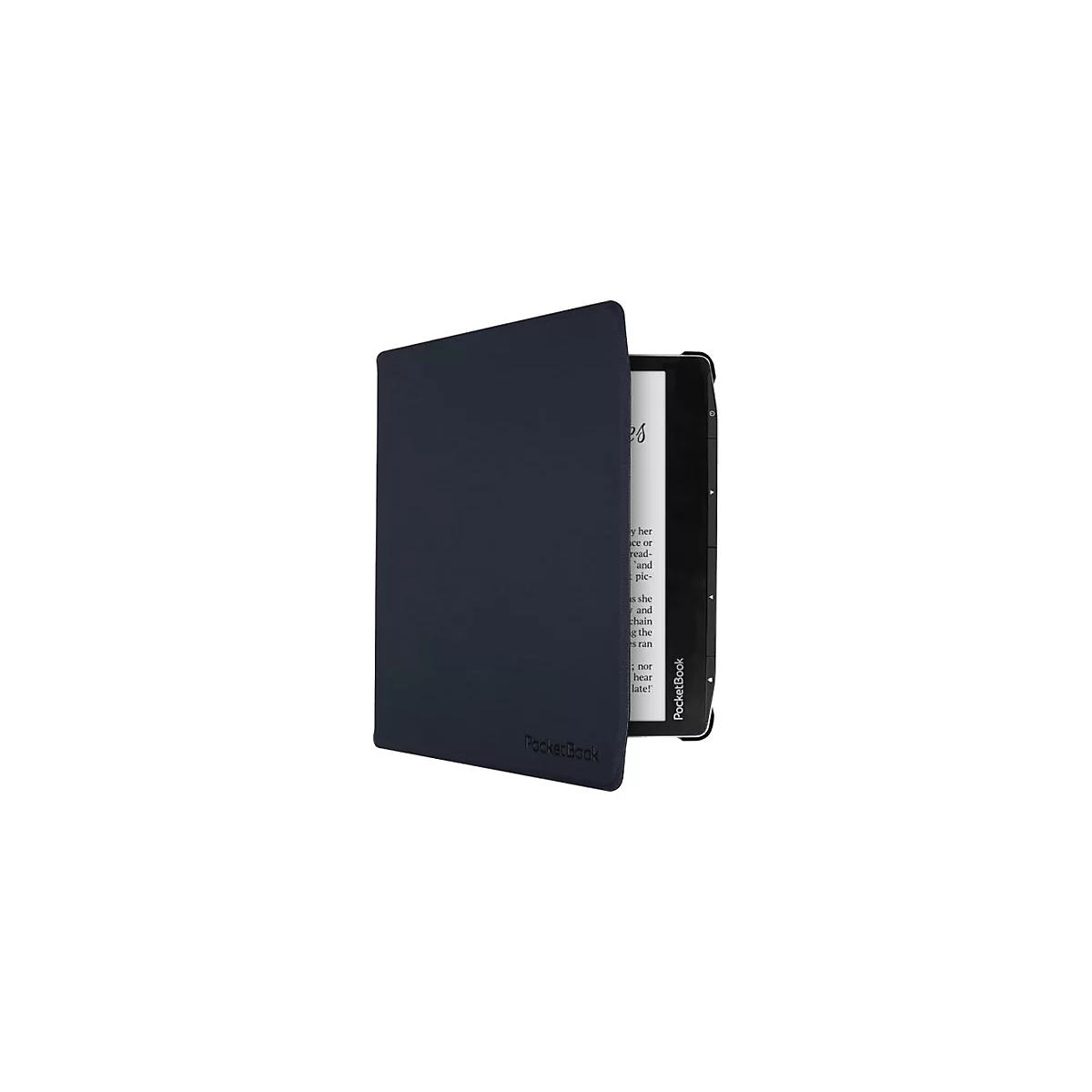 Dunkelblaue Schutzhülle für einen E-Reader, teilweise geöffnet, zeigt den Bildschirm.